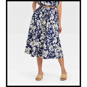A New Day Women's Midi Brunch Picnic A-line Skirt 100% Cotton Navy Floral Medium